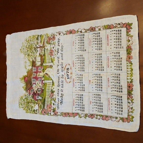 Vintage 78 linen Calendar Tea Towel bless this House Prayer Greens and Pinks - Picture 1 of 7